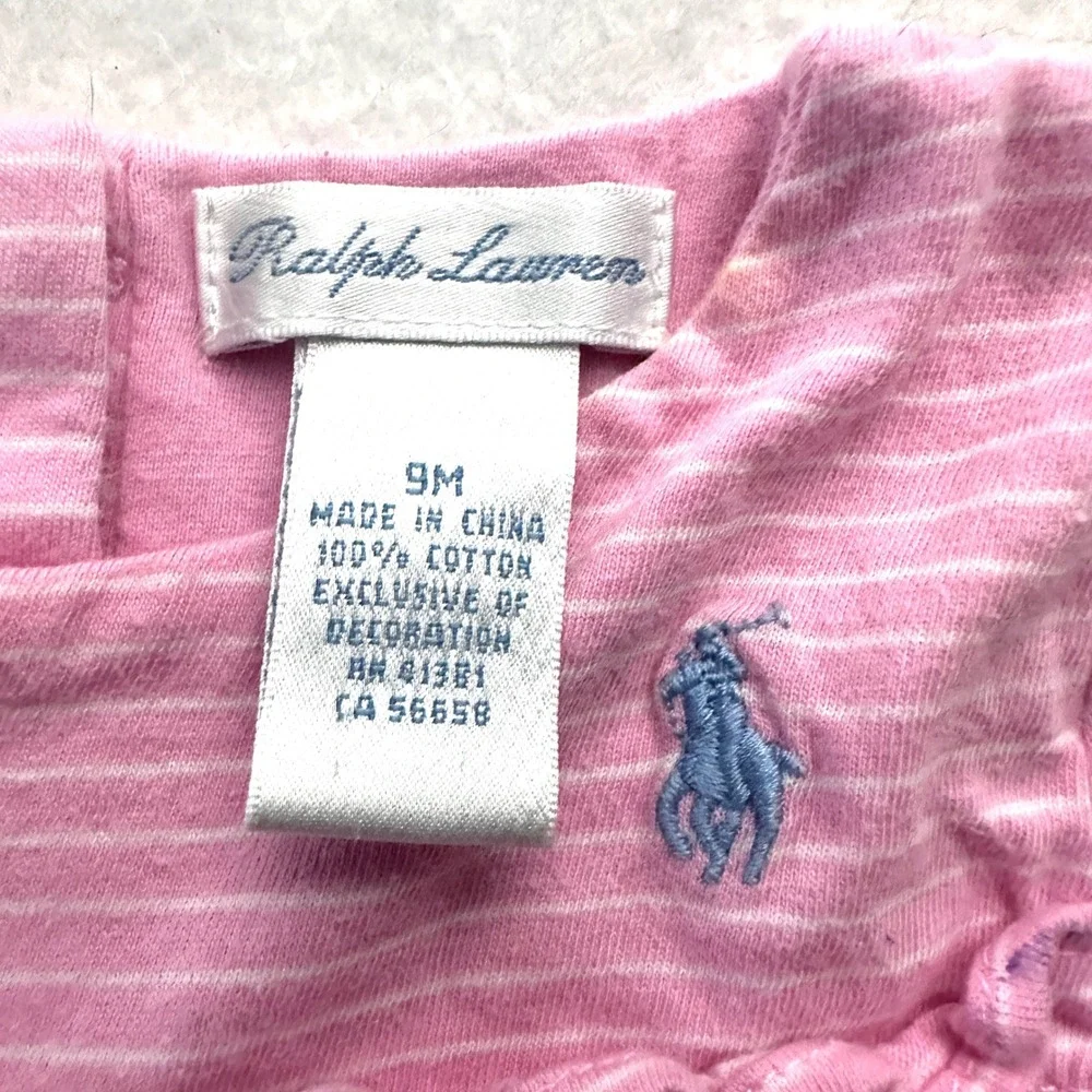 Ralph Lauren Baby Girl 9M Striped Ruffle Cotton Coverall Romper Pink White Snap